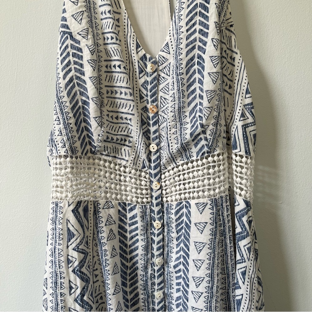 Miss Me Blue & White V-neck Sleeveless Crochet Waist Racerback Dress, Size L - Picture 3 of 11